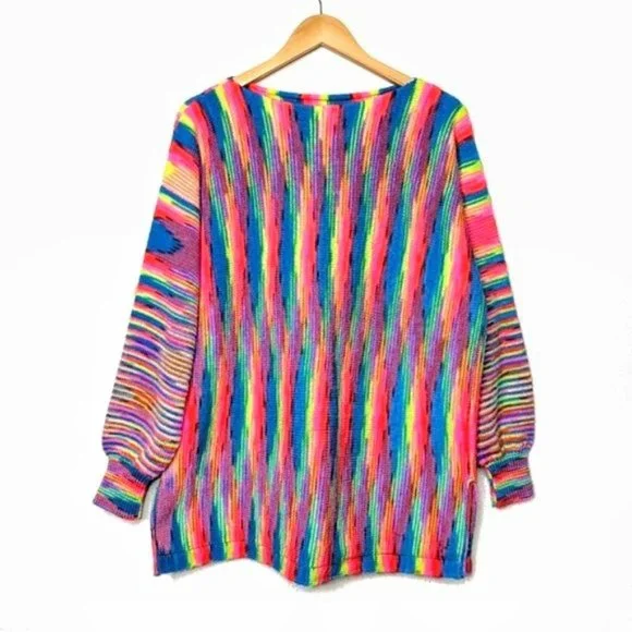 Vintage 80s Handmade Neon Multi Bright Stripe Knit Tunic Sweater - Picture 1 of 12